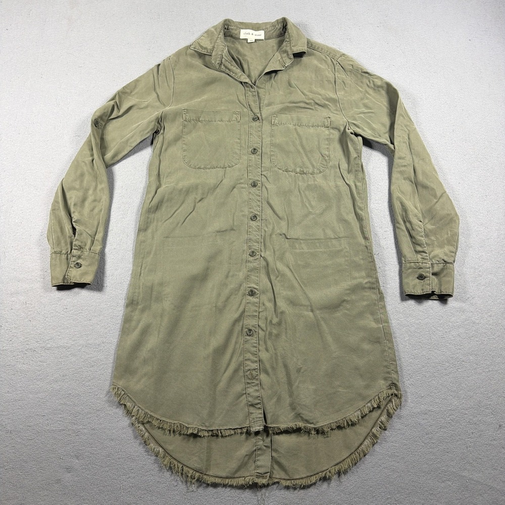 Cloth & Stone Shirt Dress Womens XS Green Hi Low Fringe Hem Pockets Lyocell